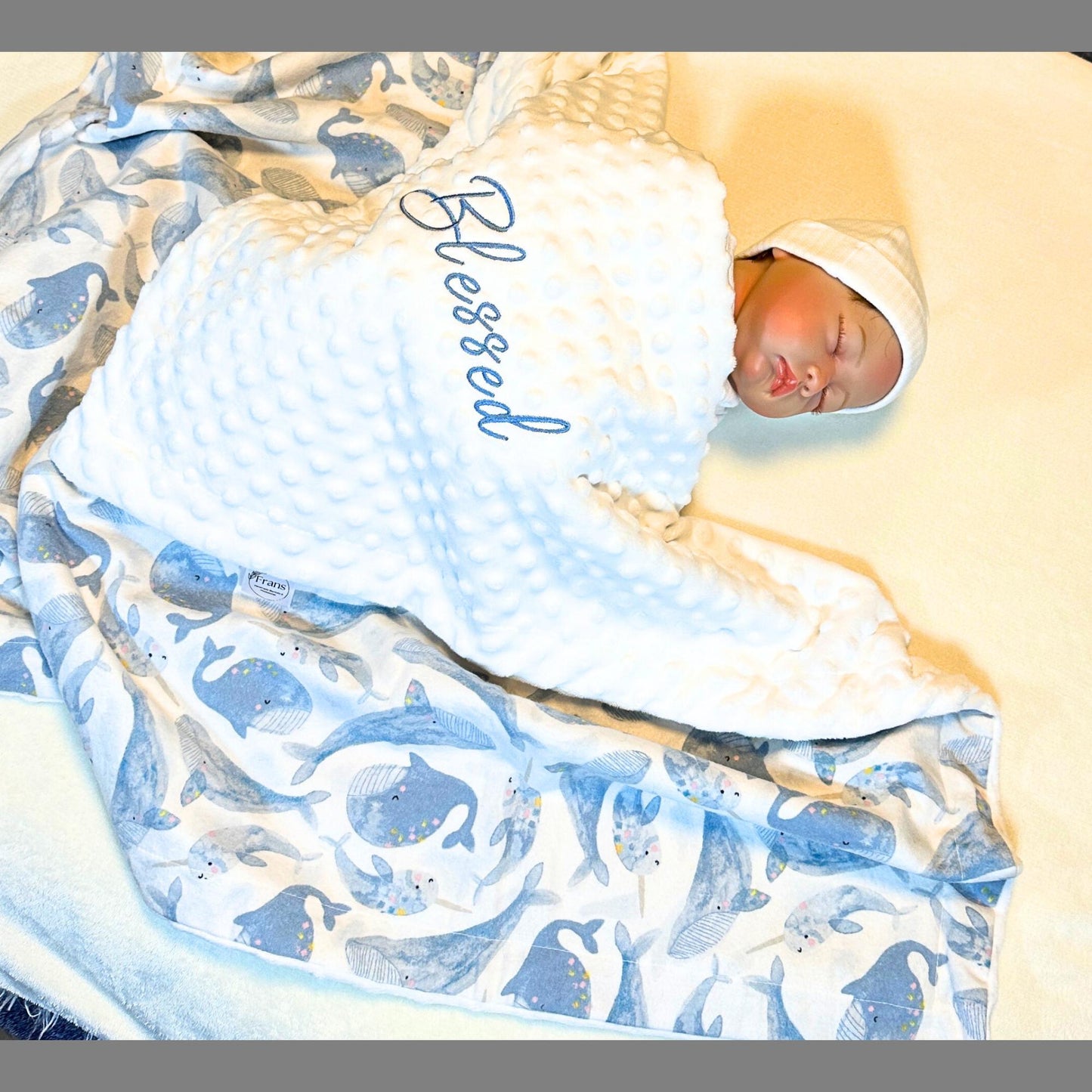 Luxury Whale-Themed Baby Blanket & Burp Cloth Gift Set, Stroller Blanket, Baby Gift Set