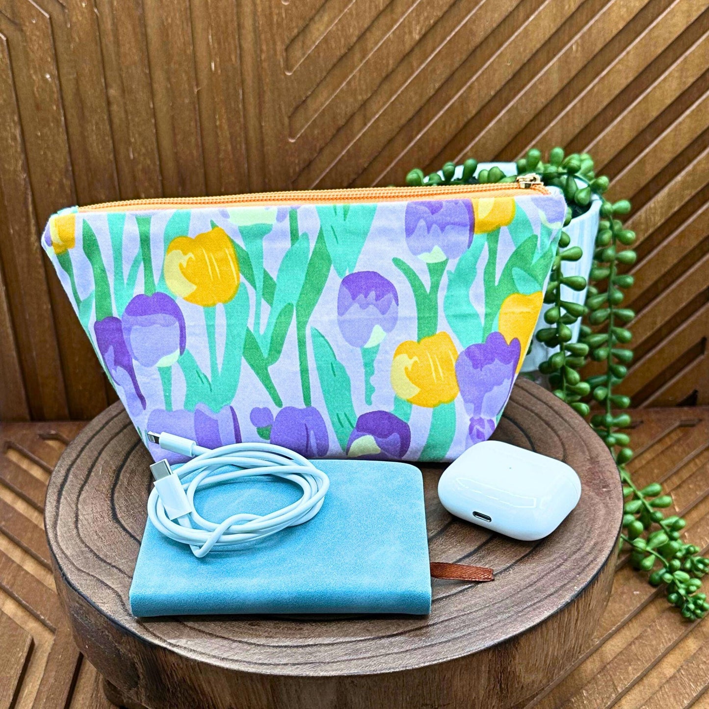 Chic Purple and Yellow Tulip Makeup Bag: Your Go-To Cosmetic and Travel Organizer