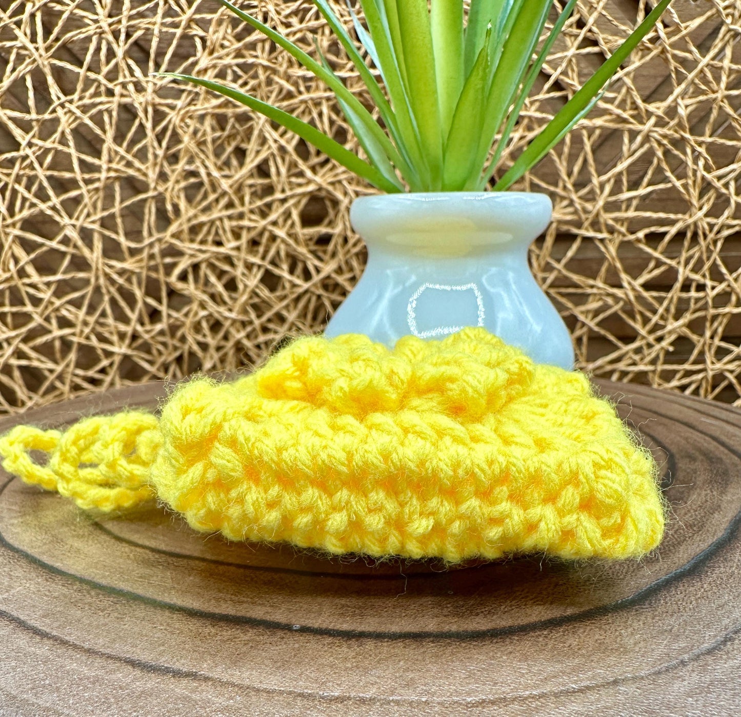 Yellow Crocheted Wireless earbud case, compatible with AirPods, measures 3 T 3 H .25 D, Pretty Raised Flower Granny Square Design