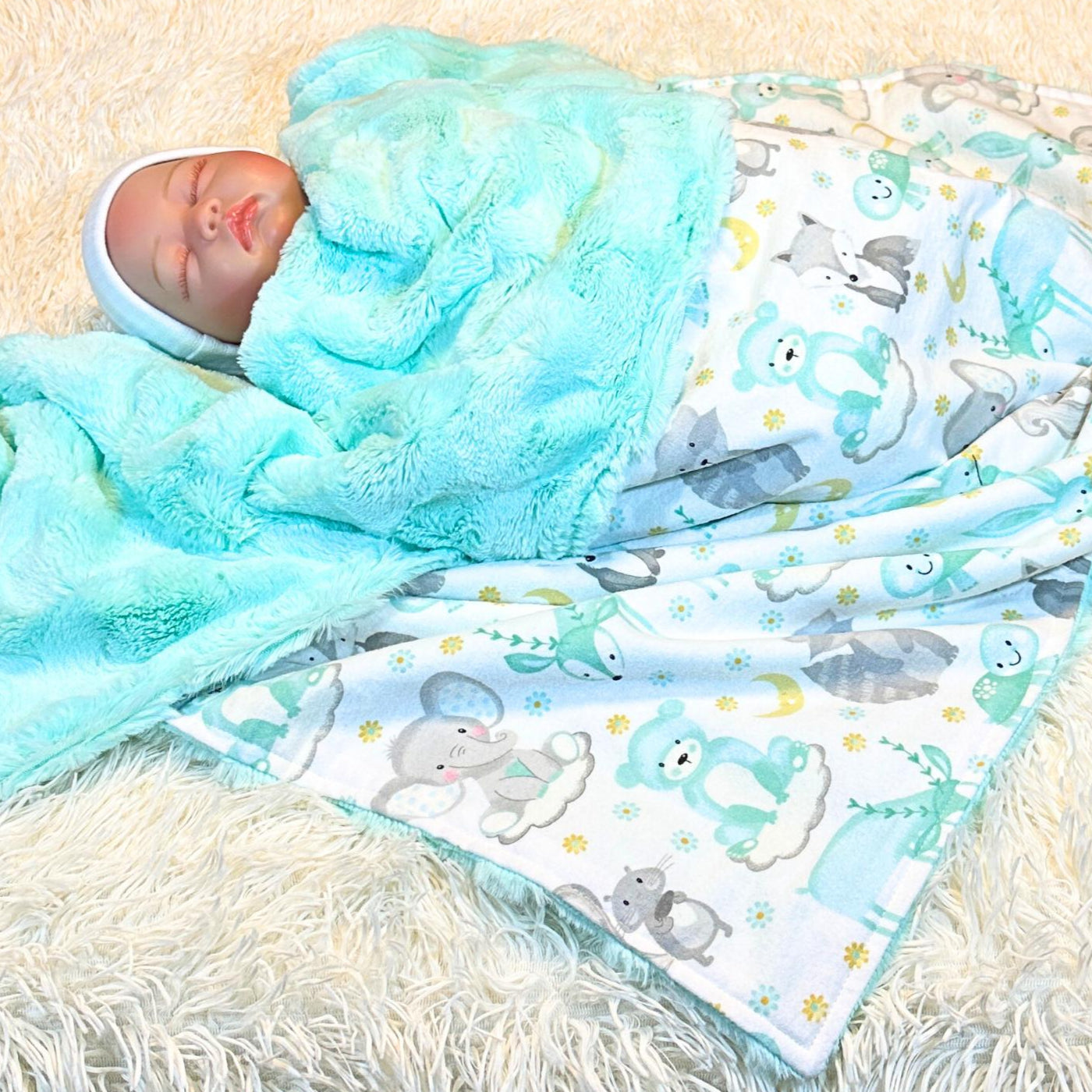 Mint Forest Animals Minky and Flannel Baby Blanket, Whimsical Forest Animals Minky Baby Wrap, Soft Minky Snuggle Blanket, Stroller Blanket