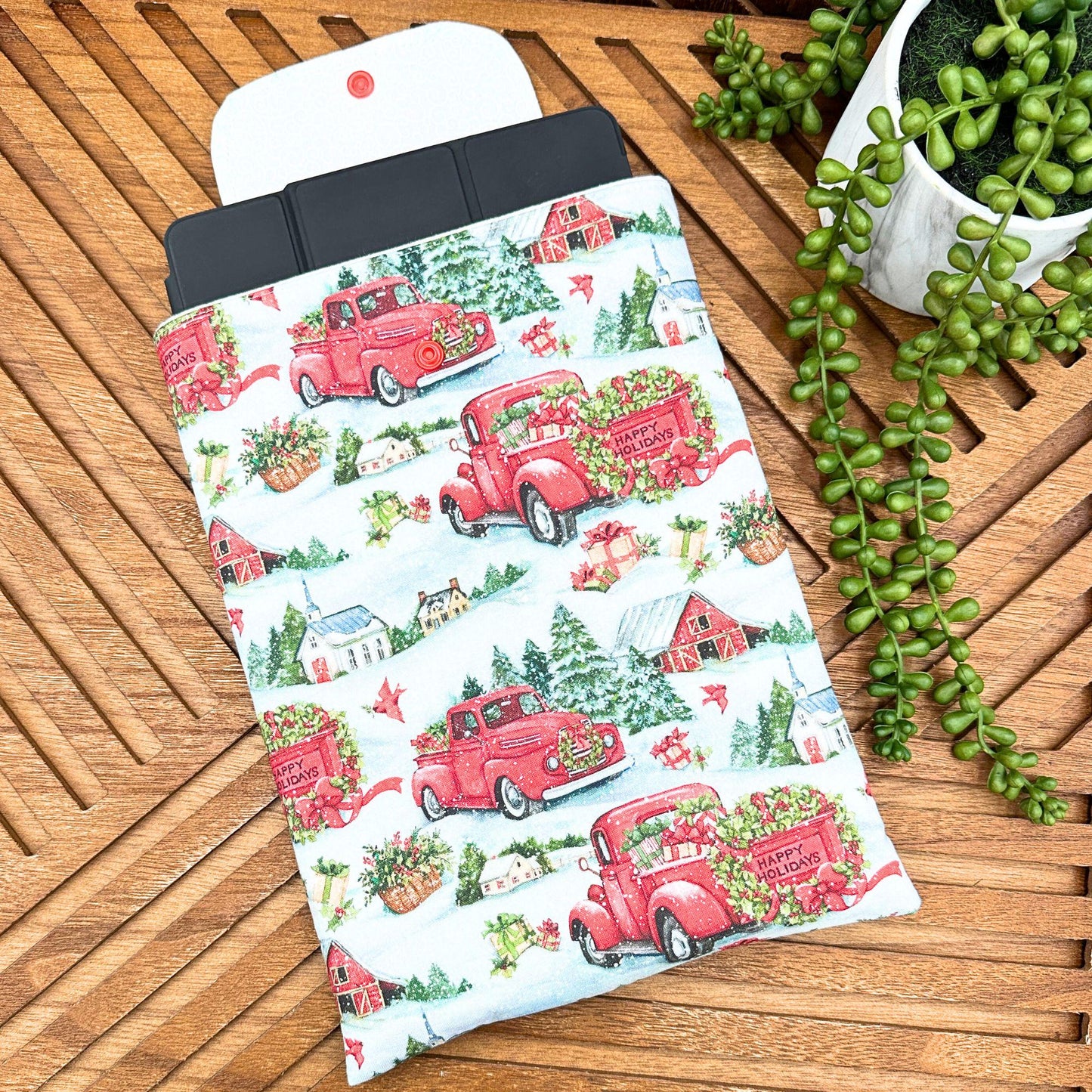 IPAD Sleeve - Festive Red Farm Truck Design, Christmas Pouch & Book Cover Gift