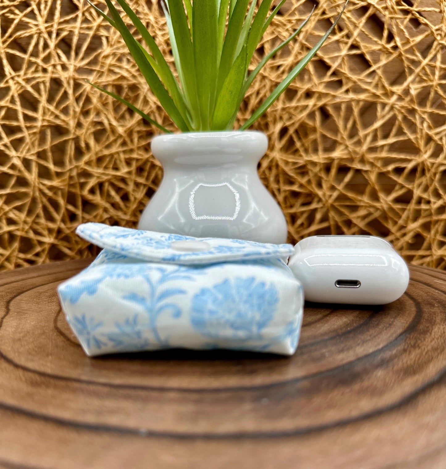Wireless earbud case, Elegant Blue Vintage Coquette Fabric with Snap Closure and Swivel Clasp for Added Protection and Convenience, 3X3X.75"