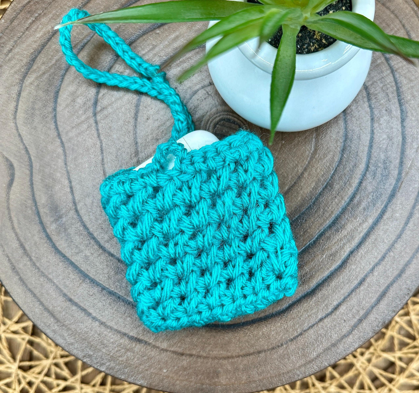 Blue Crocheted Wireless earbud case, compatible with AirPods, measures 3 T 3 H .25 D, Pretty Crochet Stitch Design