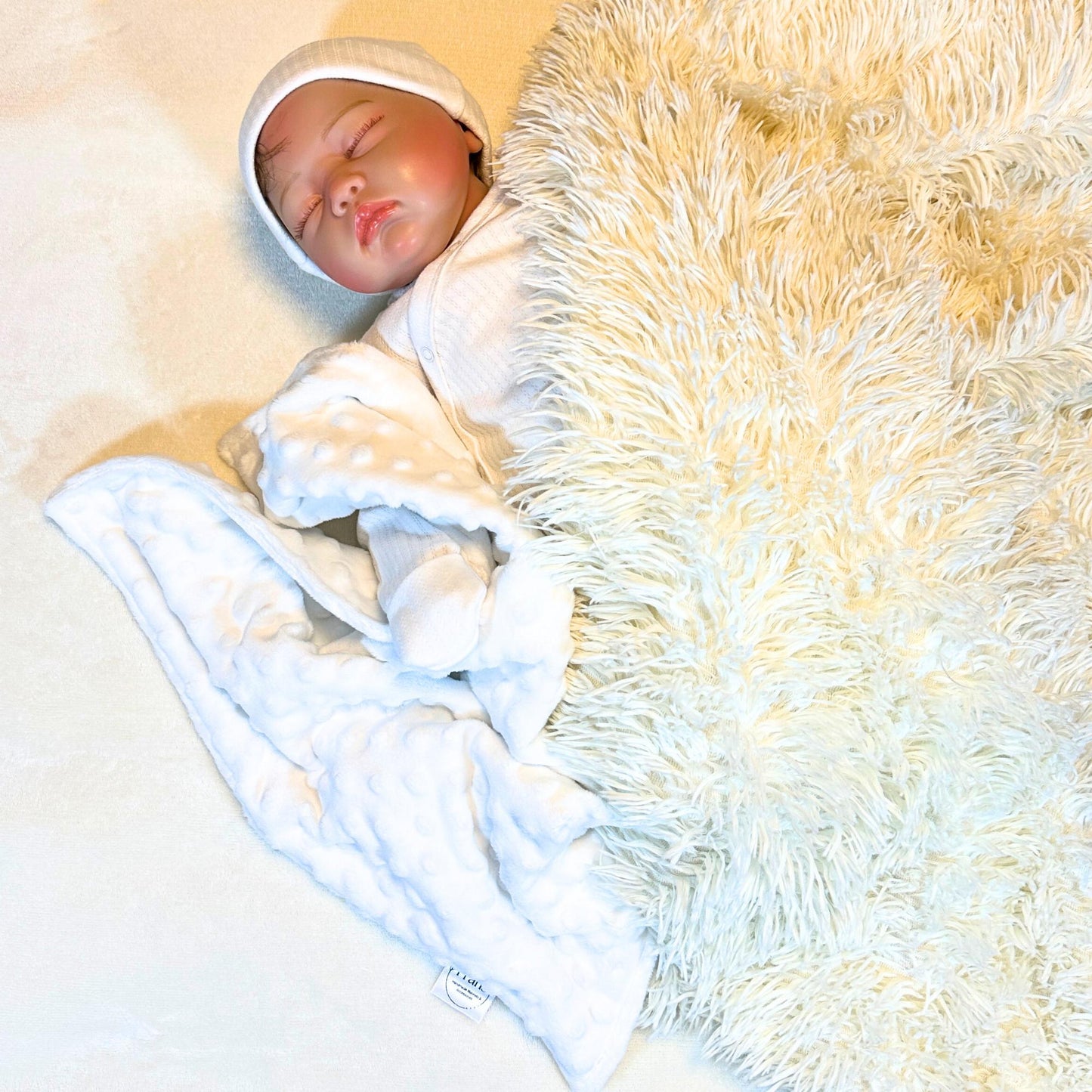 Newborn baby sleeping on a fluffy white blanket with a soft beige background