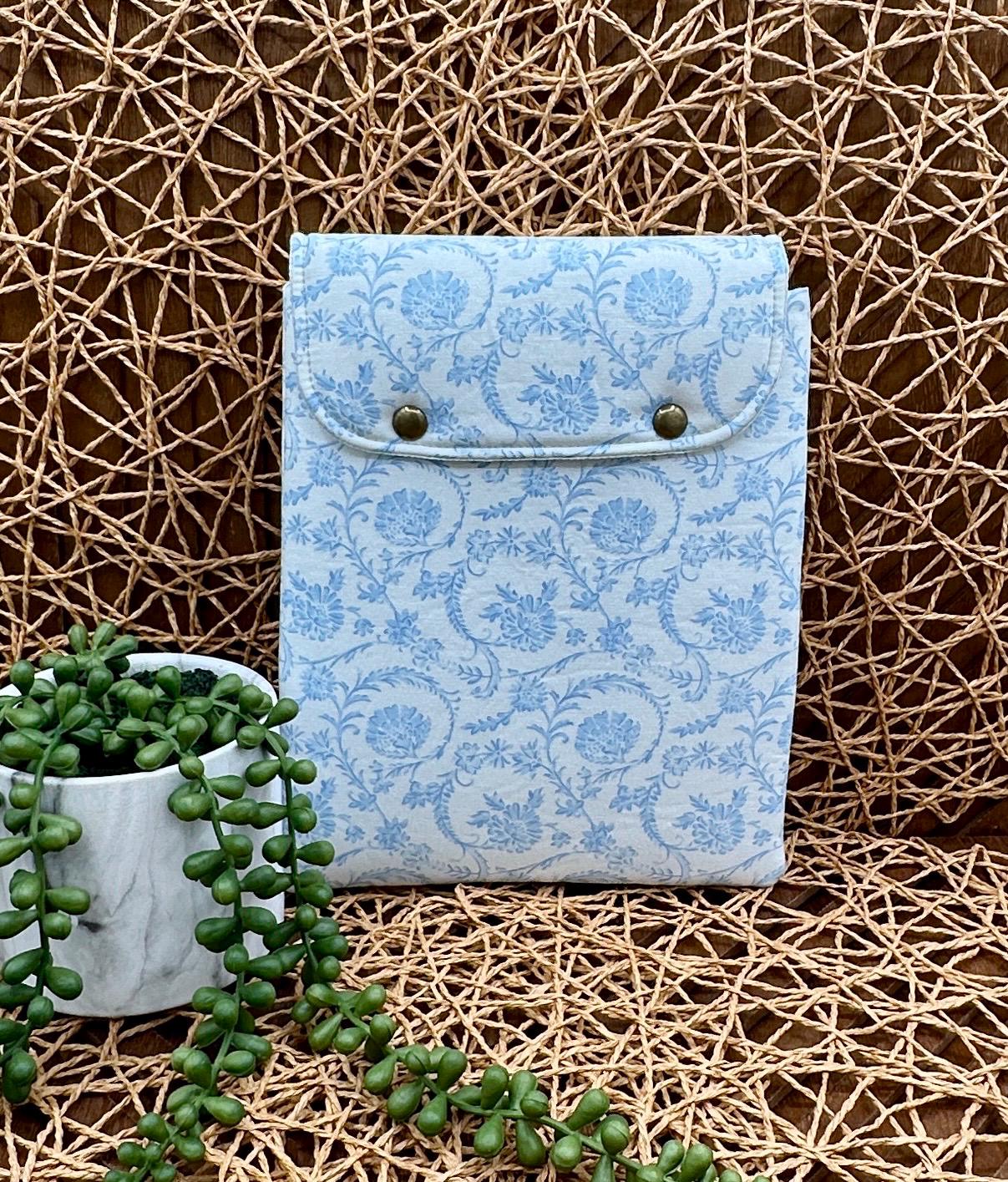 Book Sleeve - Vintage Blue Floral Foam Padded Cotton Case with Magnetic Snaps, Keep your Book sand Electronic Devices Protected
