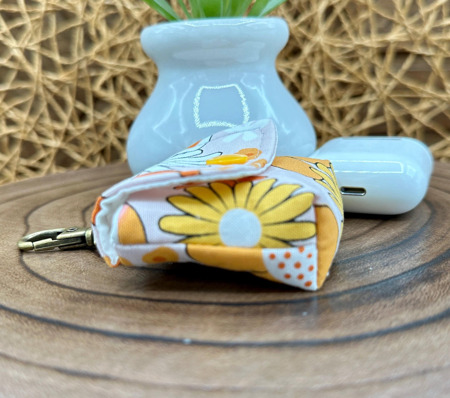 Wireless earbud case, Groovy Flower Power Fabric with snap closure and swivel clasp for Stylish protection and convenience, 3X3X.75"