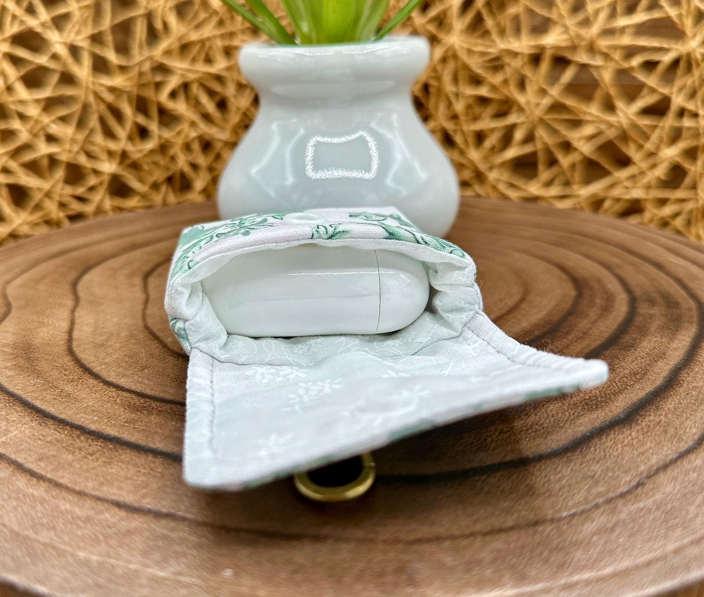 Wireless earbud case, Elegant Green Floral fabric with snap closure and swivel clasp for protection and convenience, 3X3X.75"