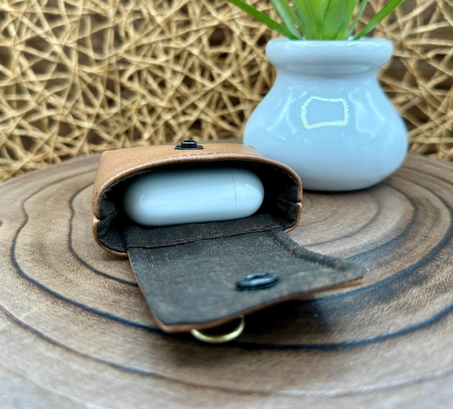 Brown Faux Leather Wireless earbud case, compatible with AirPods, snap closure swivel clasp included for easy and secure carry, 3X3X.75"