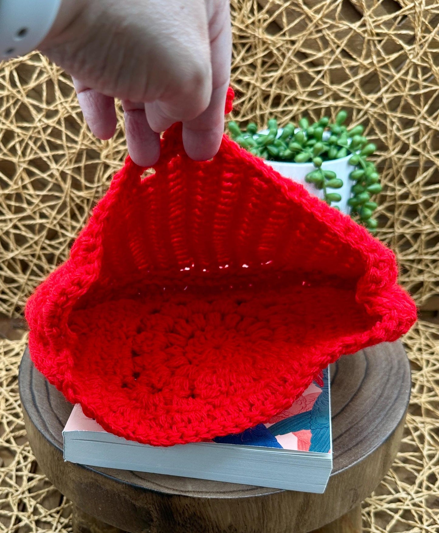 Book Sleeve Soft Crochet in Red Yarn Featuring a Classic Floral Granny Square Design Secure Wood Button Closure, Measures about 9X6"