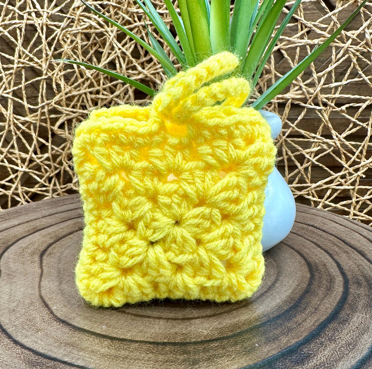 Yellow Crocheted Wireless earbud case, compatible with AirPods, measures 3 T 3 H .25 D, Pretty Granny Square Design
