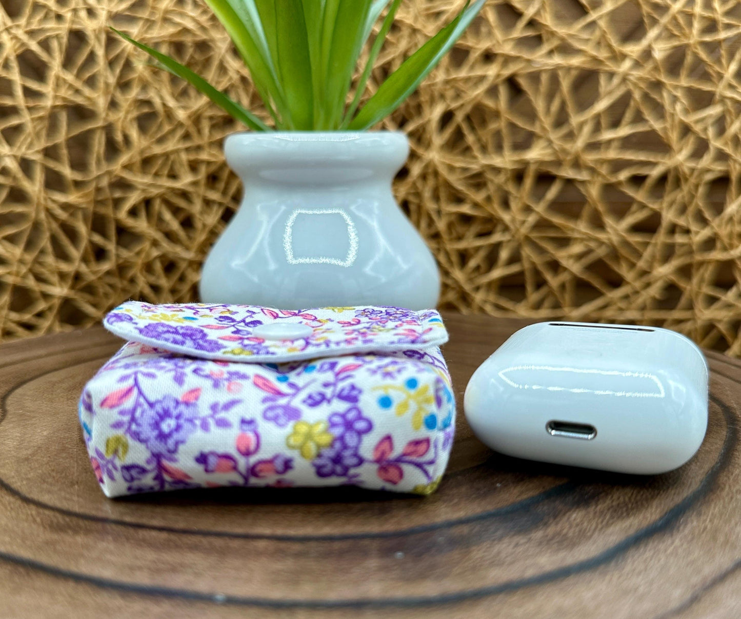 Wireless earbud case, Cute Purple and Yellow floral fabric with snap closure and swivel clasp for added protection and convenience, 3X3X.75"