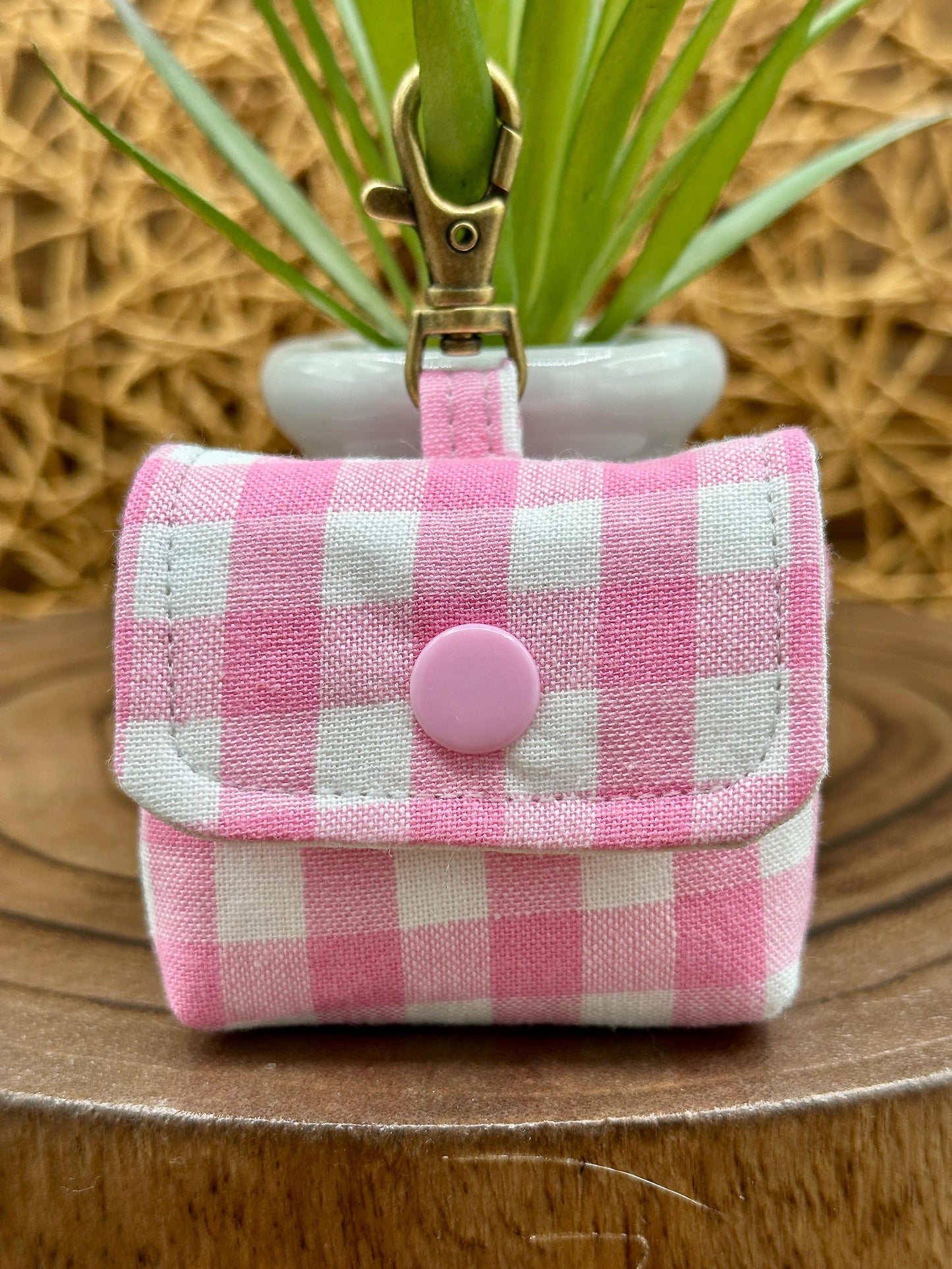Wireless earbud case, Super Cute Pink Gingham Fabric with snap closure and swivel clasp for added protection and convenience, 3X3X.75"