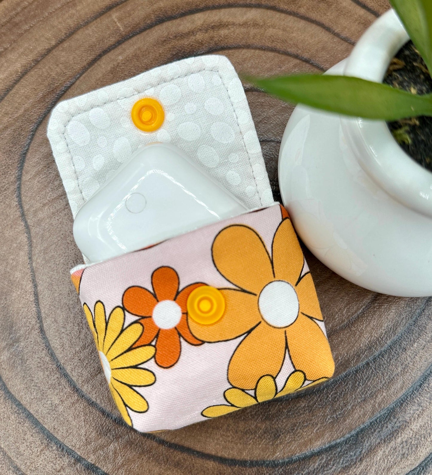 Wireless earbud case, Groovy Flower Power Fabric with snap closure and swivel clasp for Stylish protection and convenience, 3X3X.75"