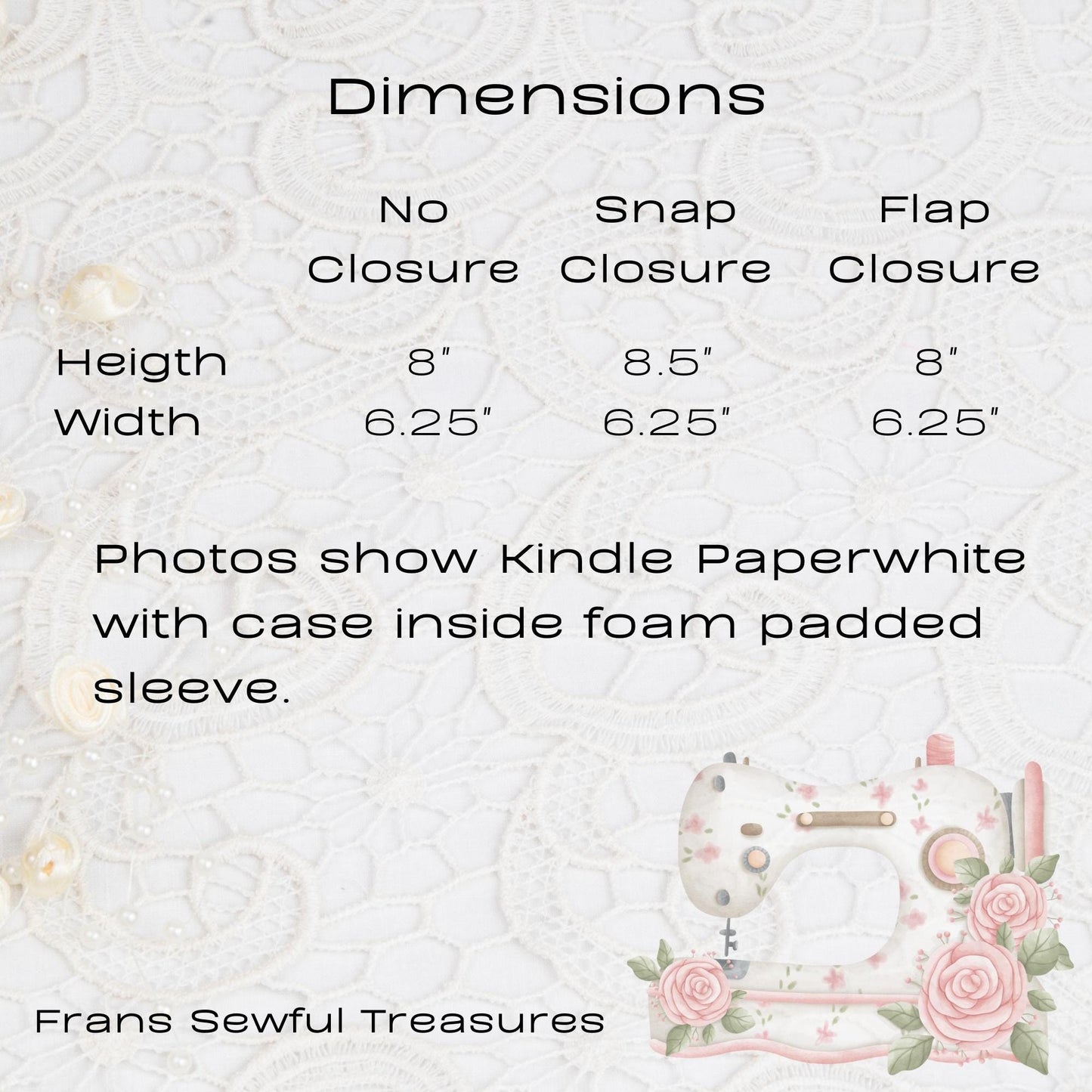 Kindle Paperwhite Sleeve - Soft White Dainty Floral Print with white Tulle Bow, Feminine Foam Padded Device Cover with Magnetic Snap Closure