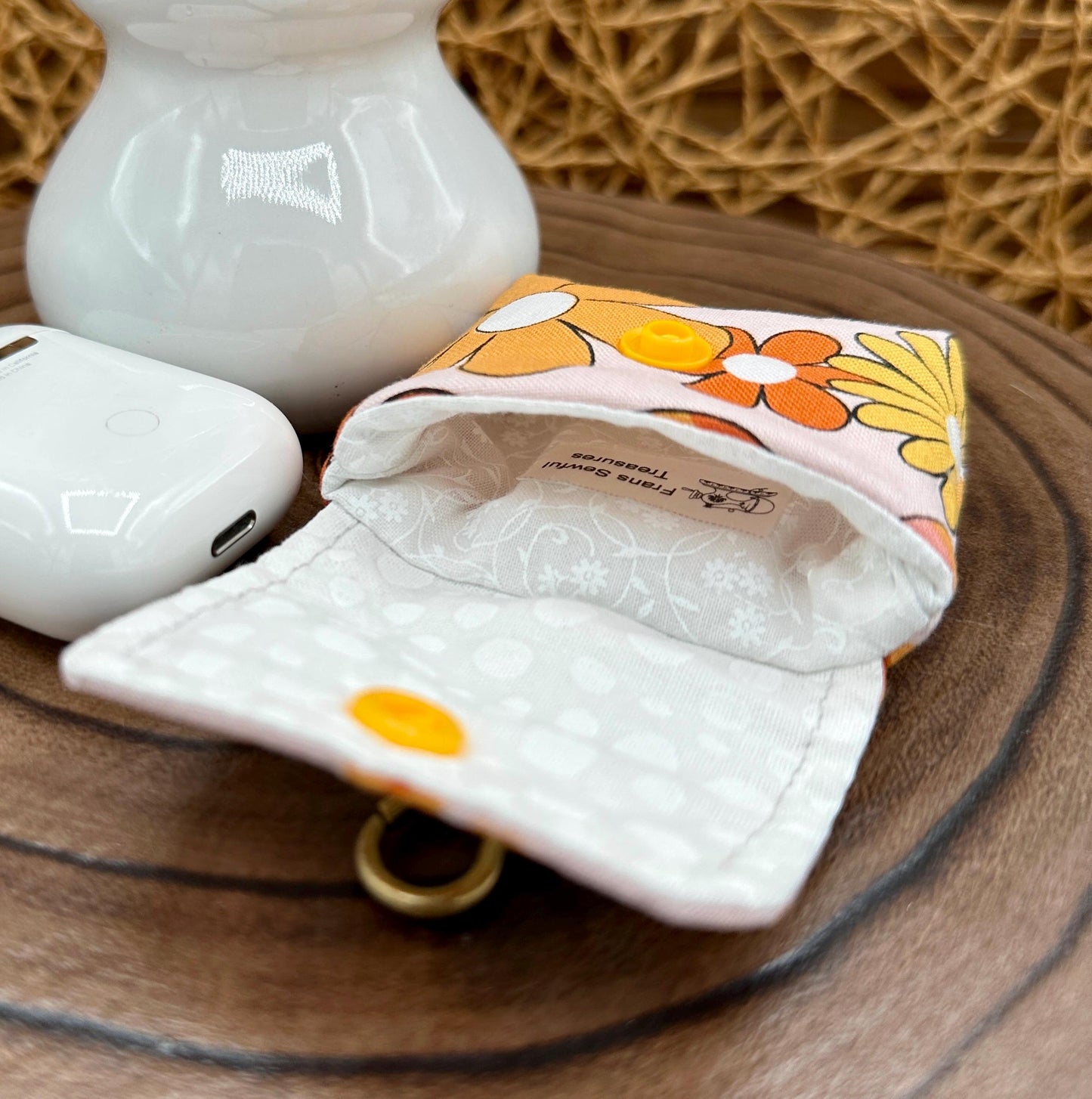 Wireless earbud case, Groovy Flower Power Fabric with snap closure and swivel clasp for Stylish protection and convenience, 3X3X.75"