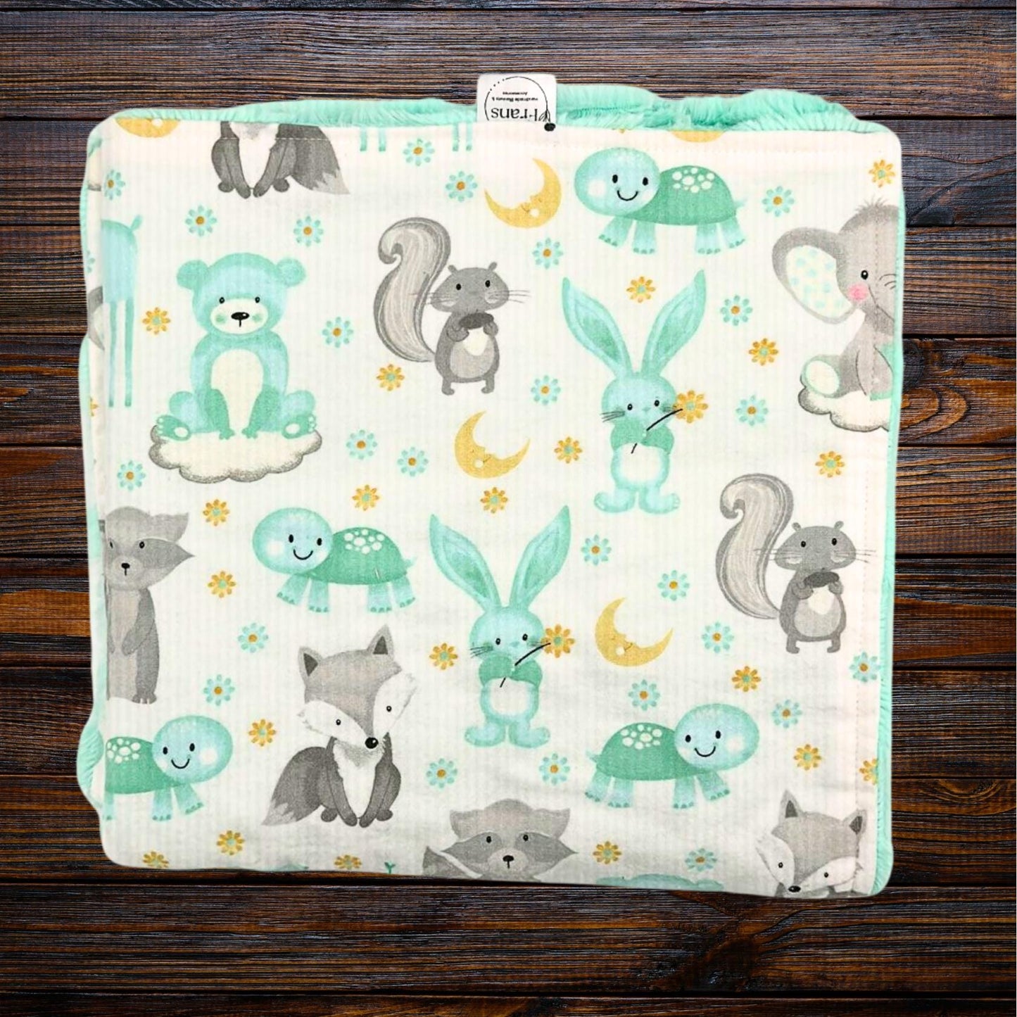 Mint Forest Animals Minky and Flannel Baby Blanket, Whimsical Forest Animals Minky Baby Wrap, Soft Minky Snuggle Blanket, Stroller Blanket