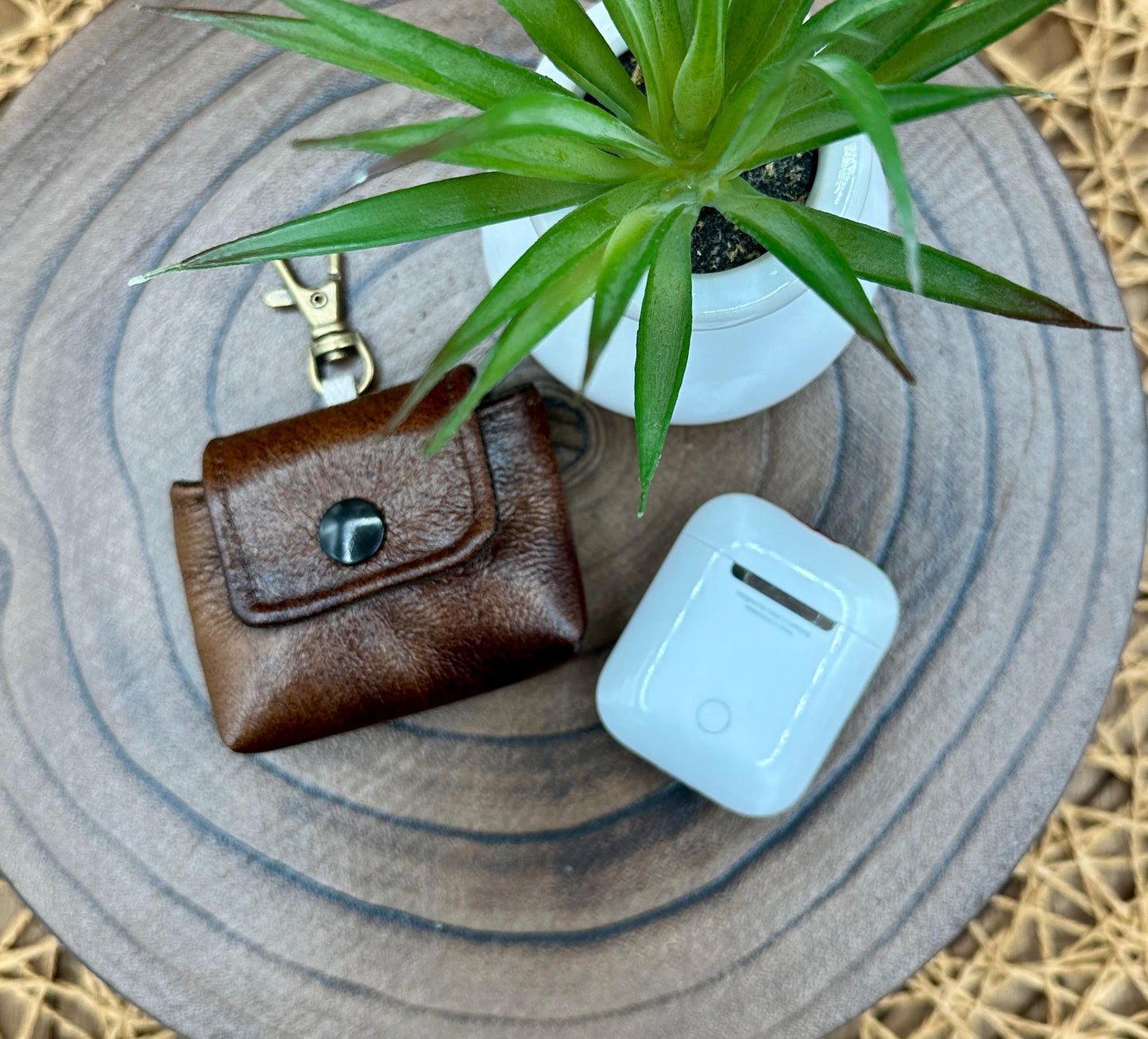 Brown Faux Leather Wireless earbud case, compatible with AirPods, snap closure swivel clasp included for easy and secure carry, 3X3X.75"