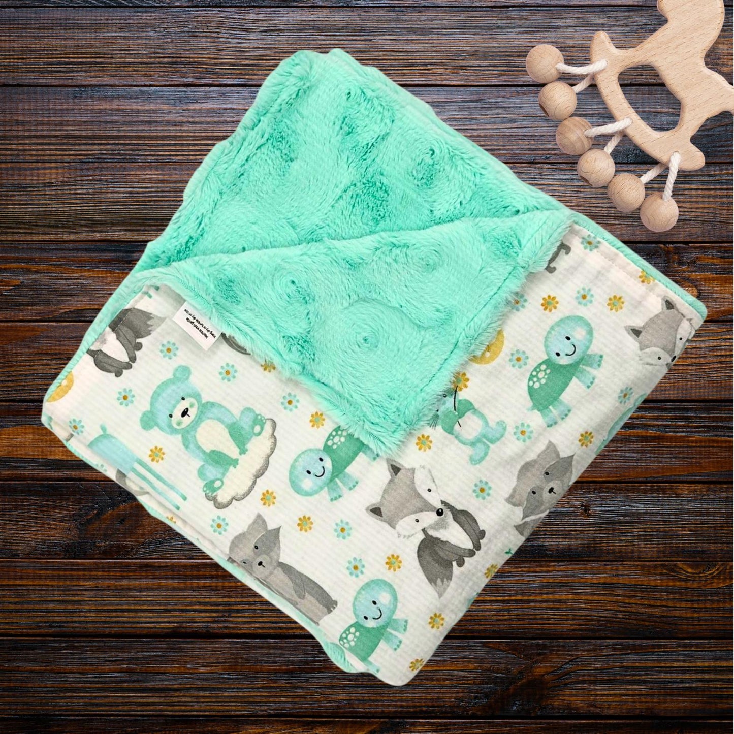Mint Forest Animals Minky and Flannel Baby Blanket, Whimsical Forest Animals Minky Baby Wrap, Soft Minky Snuggle Blanket, Stroller Blanket