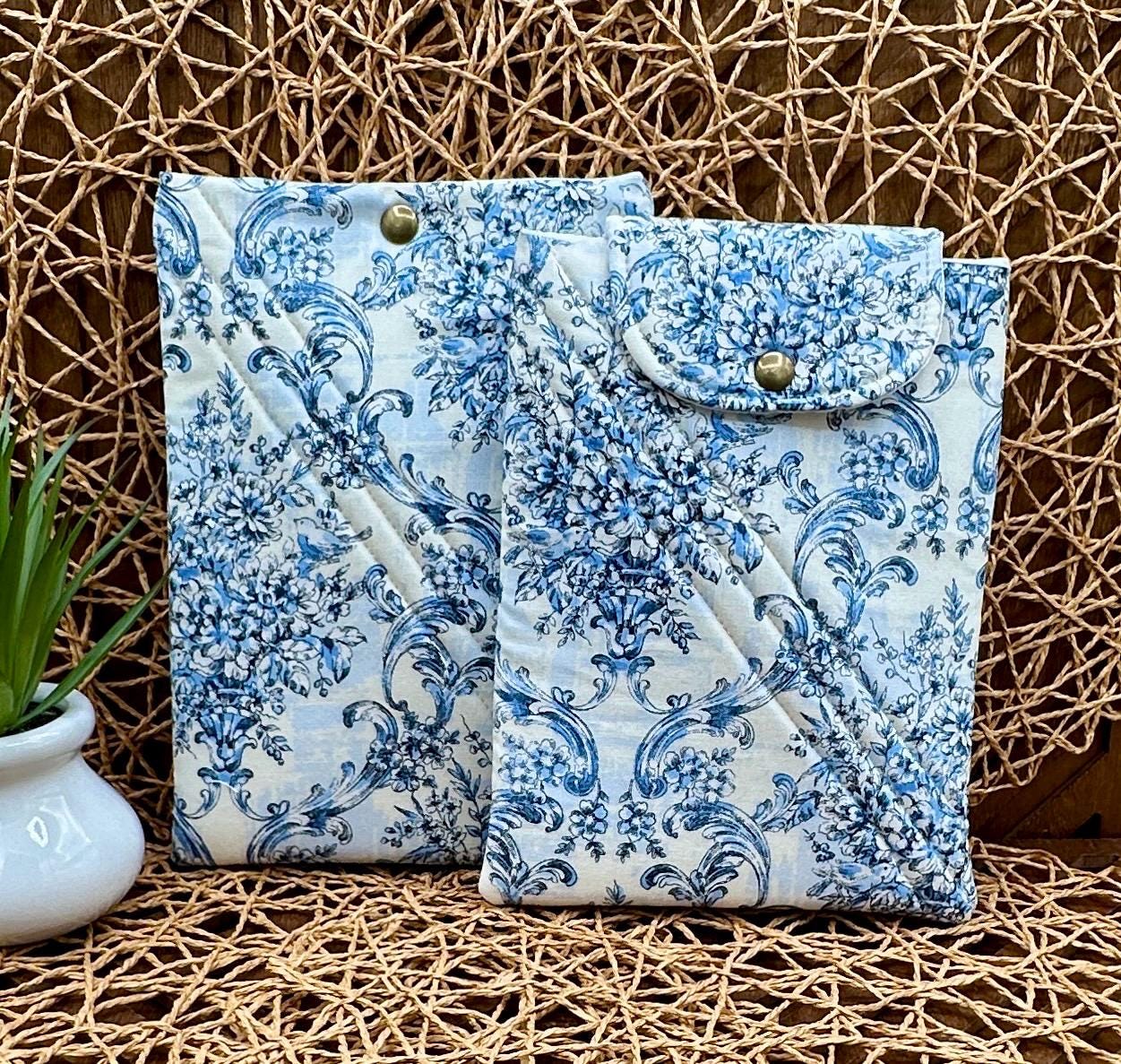 Kindle Paperwhite Sleeve - Feminine Foam Padded White and Blue Vintage Floral Print Device Cover, Add Snap and Personalization!