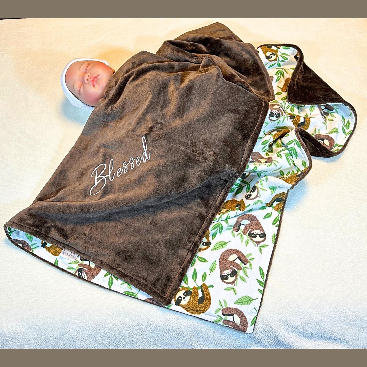 Luxury Baby Gift Set: Embroidered Brown Minky Blanket & Coordinating Burp Cloths