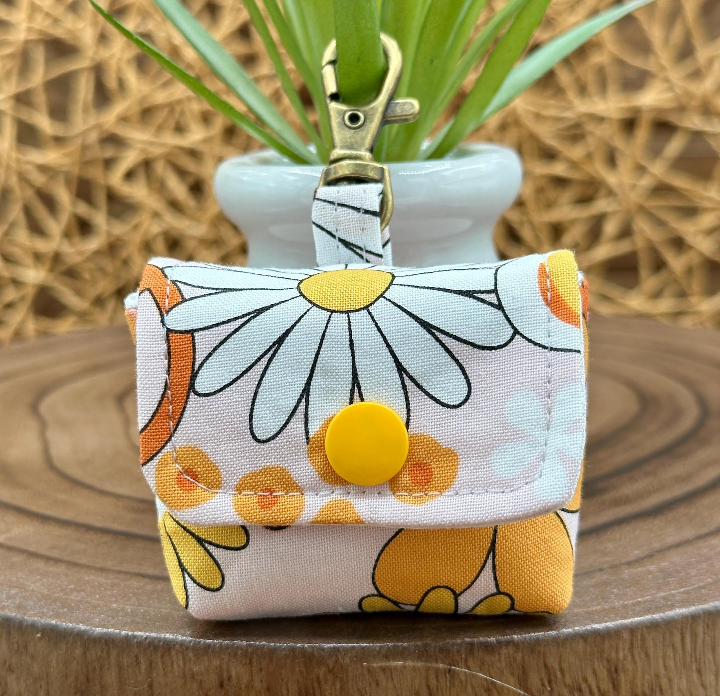 Wireless earbud case, Groovy Flower Power Fabric with snap closure and swivel clasp for Stylish protection and convenience, 3X3X.75"
