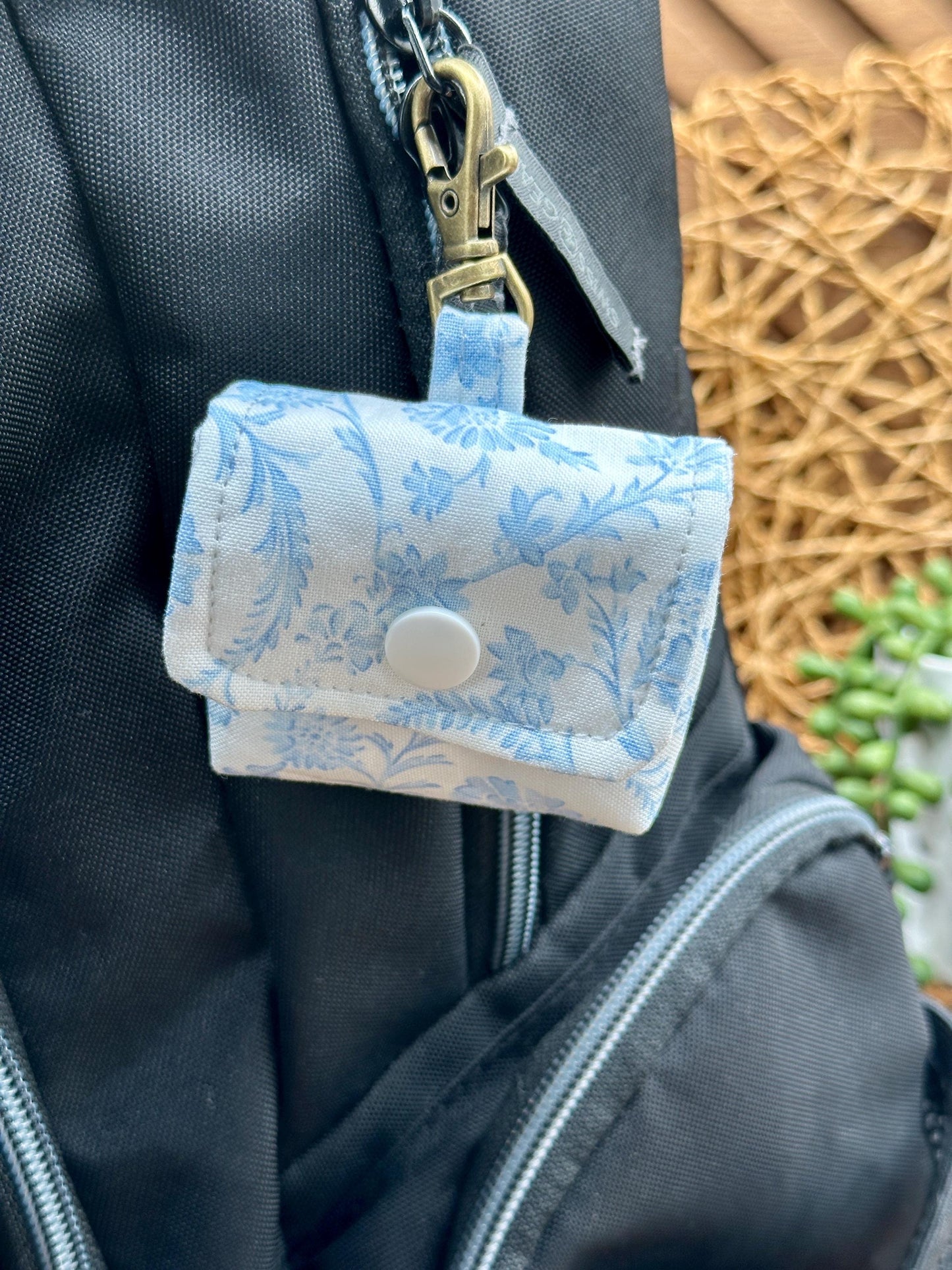 Wireless earbud case, Elegant Blue Vintage Coquette Fabric with Snap Closure and Swivel Clasp for Added Protection and Convenience, 3X3X.75"