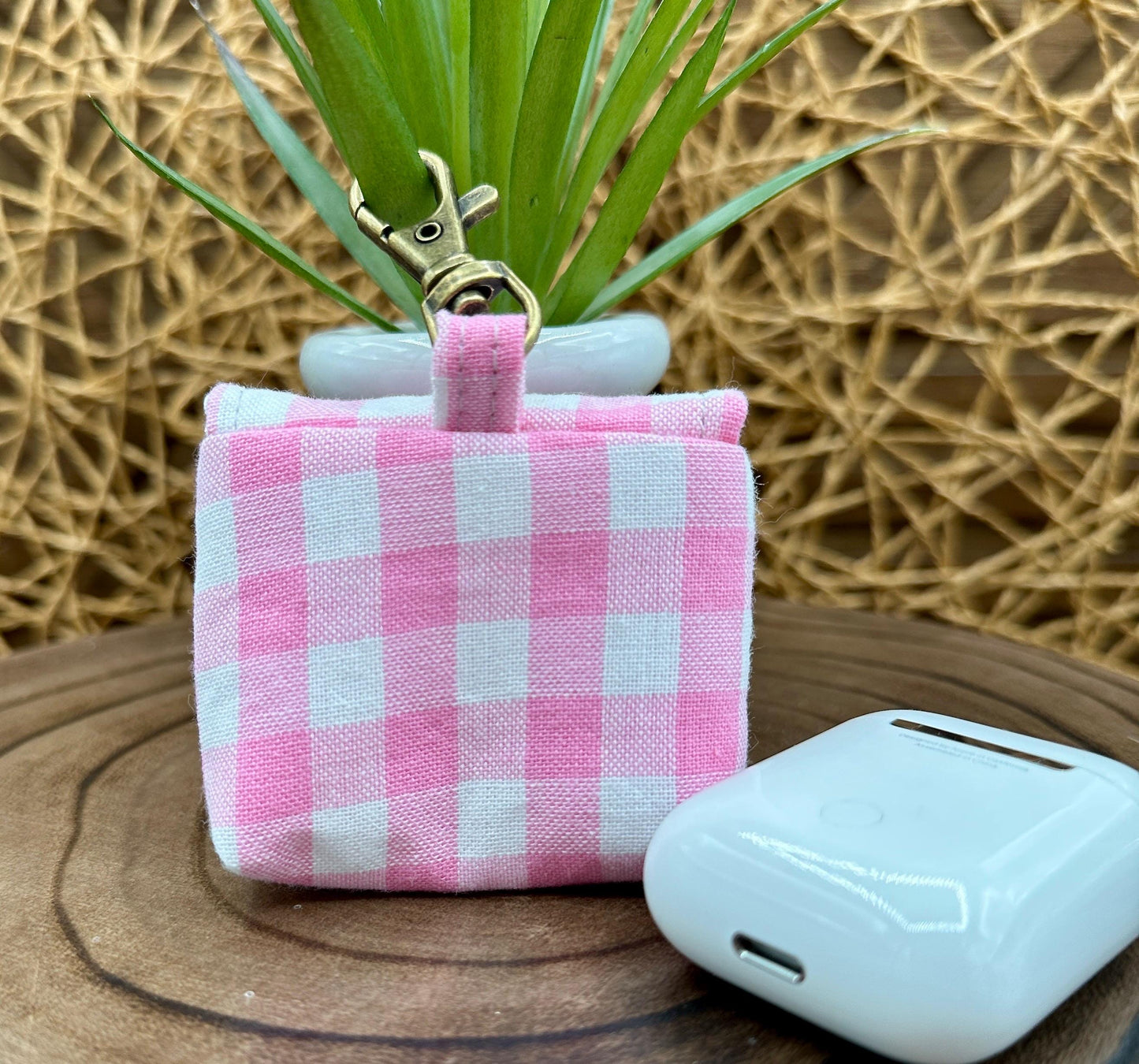 Wireless earbud case, Super Cute Pink Gingham Fabric with snap closure and swivel clasp for added protection and convenience, 3X3X.75"
