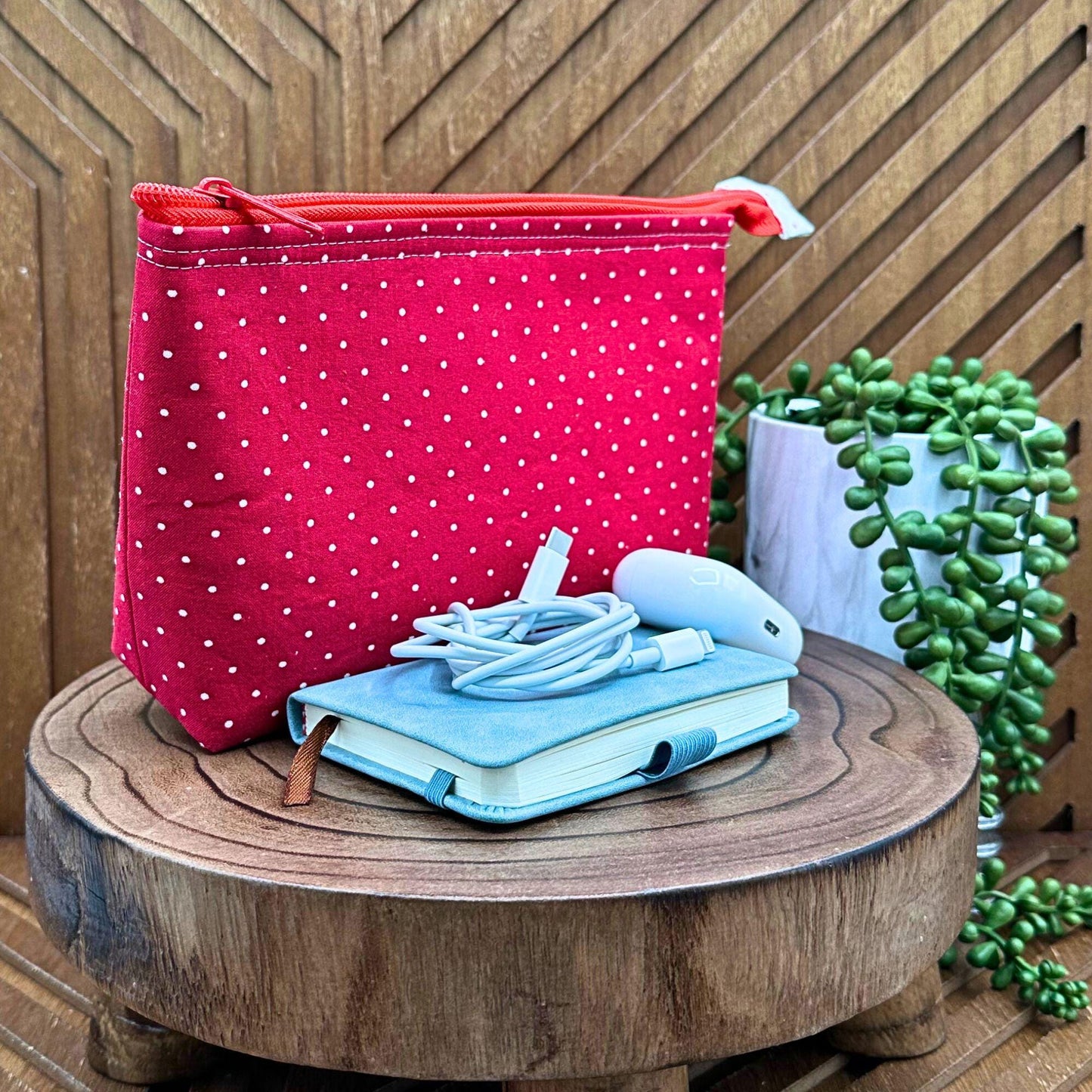 Stylish Red Polka Dot Travel Makeup Bag: Ideal for Cosmetics, Gadgets, and Essentials"