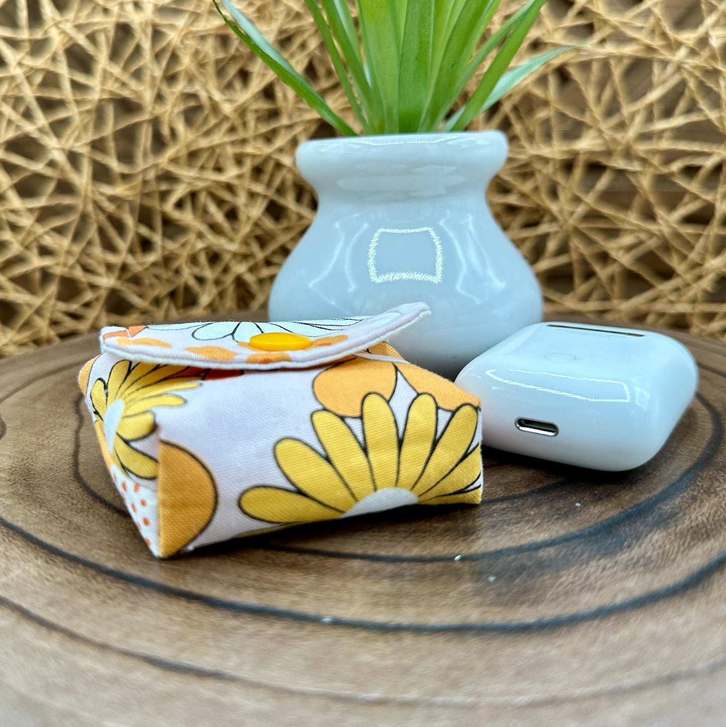 Wireless earbud case, Groovy Flower Power Fabric with snap closure and swivel clasp for Stylish protection and convenience, 3X3X.75"