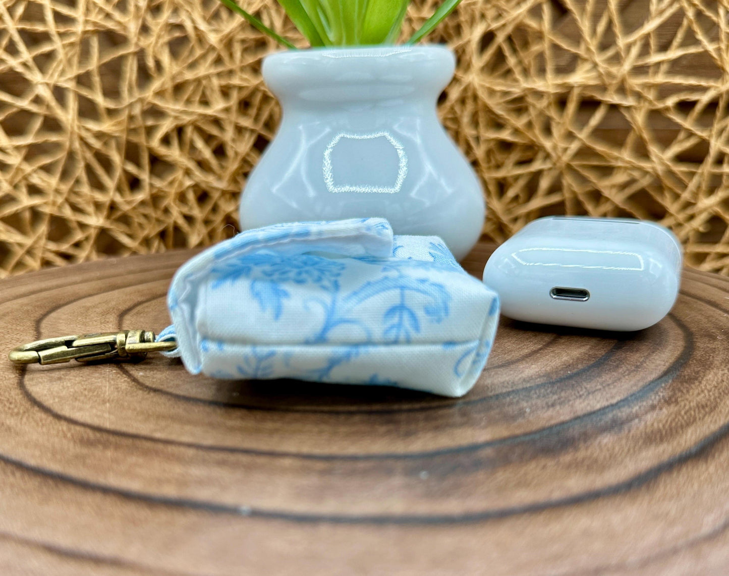 Wireless earbud case, Elegant Blue Vintage Coquette Fabric with Snap Closure and Swivel Clasp for Added Protection and Convenience, 3X3X.75"