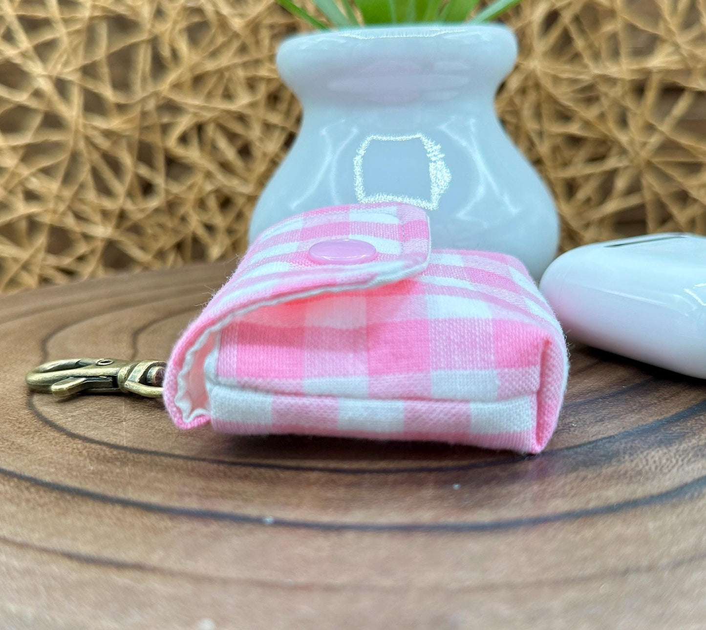 Wireless earbud case, Super Cute Pink Gingham Fabric with snap closure and swivel clasp for added protection and convenience, 3X3X.75"