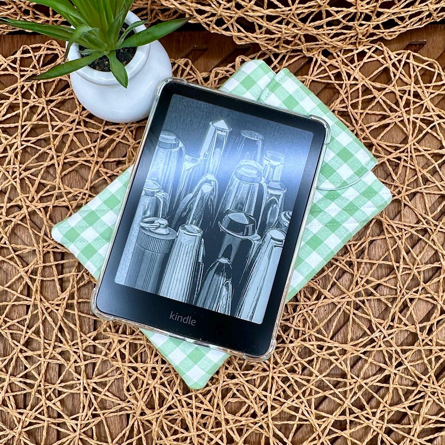 Kindle Paperwhite Sleeve - Cute White and Green Gingham Print, Foam Padded Device Cover, Add Snap and personalization for a custom look!