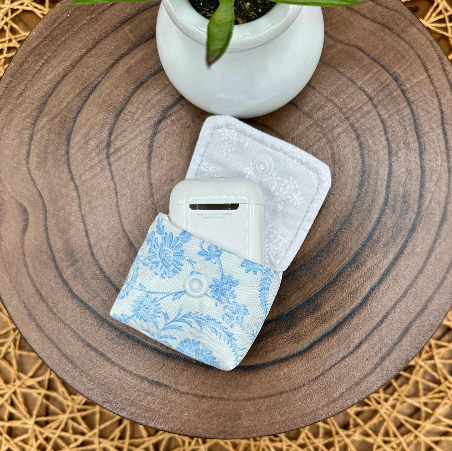 Wireless earbud case, Elegant Blue Vintage Coquette Fabric with Snap Closure and Swivel Clasp for Added Protection and Convenience, 3X3X.75"