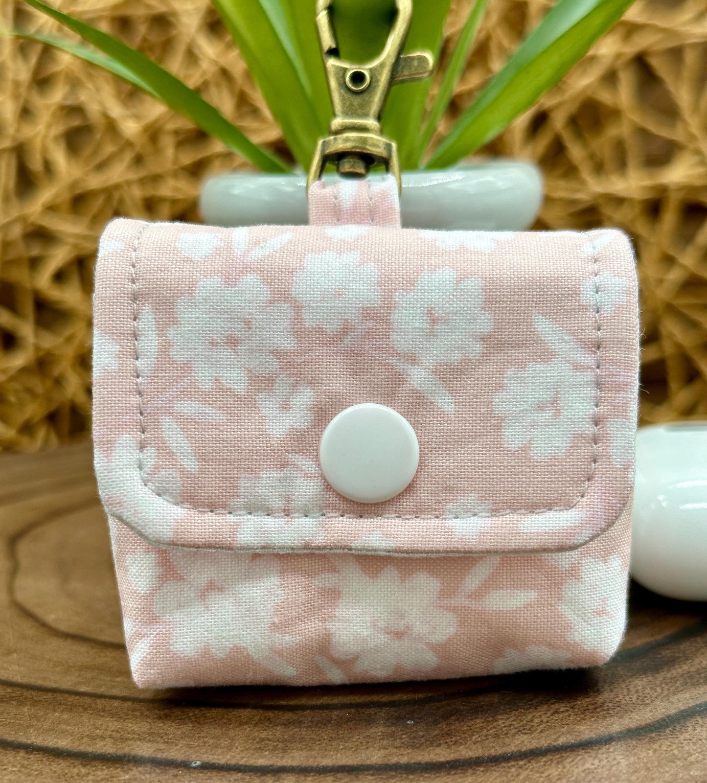 Wireless earbud case, Elegant Pink with Cream Flowers Fabric with Snap Closure and Swivel Clasp for Style and Convenience, 3X3X.75"