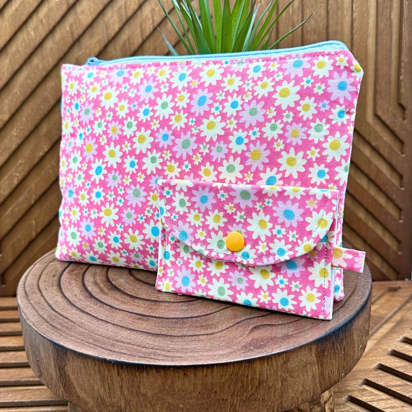 pink with white and lilac flowers zippered make up bag with small snap pouch set