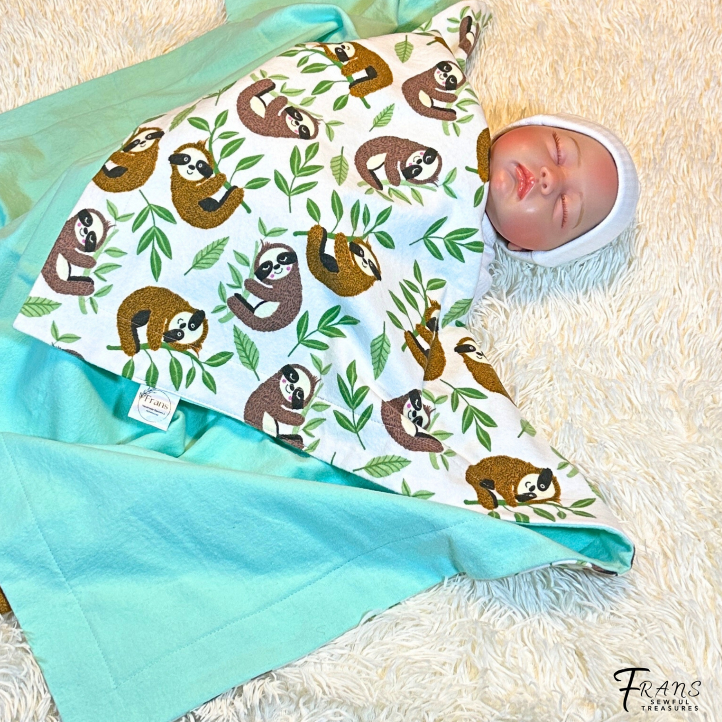 Sleepy Sloth Flannel Snuggles Baby Blanket, Sloth Hugs Baby Blanket Shower Gift, Warm Cotton Flannel Nursery Decor, Gender Neutral