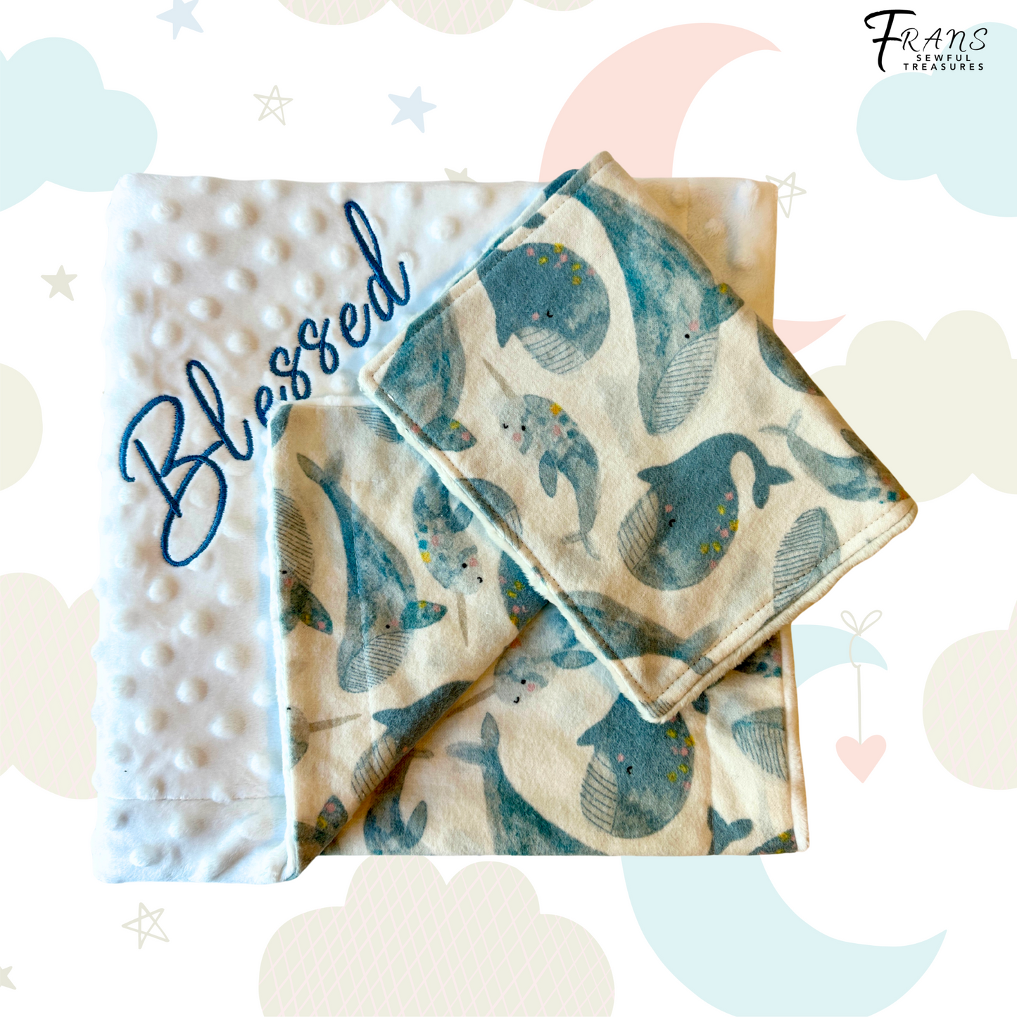 Luxury Whale-Themed Baby Blanket & Burp Cloth Gift Set, Stroller Blanket, Baby Gift Set