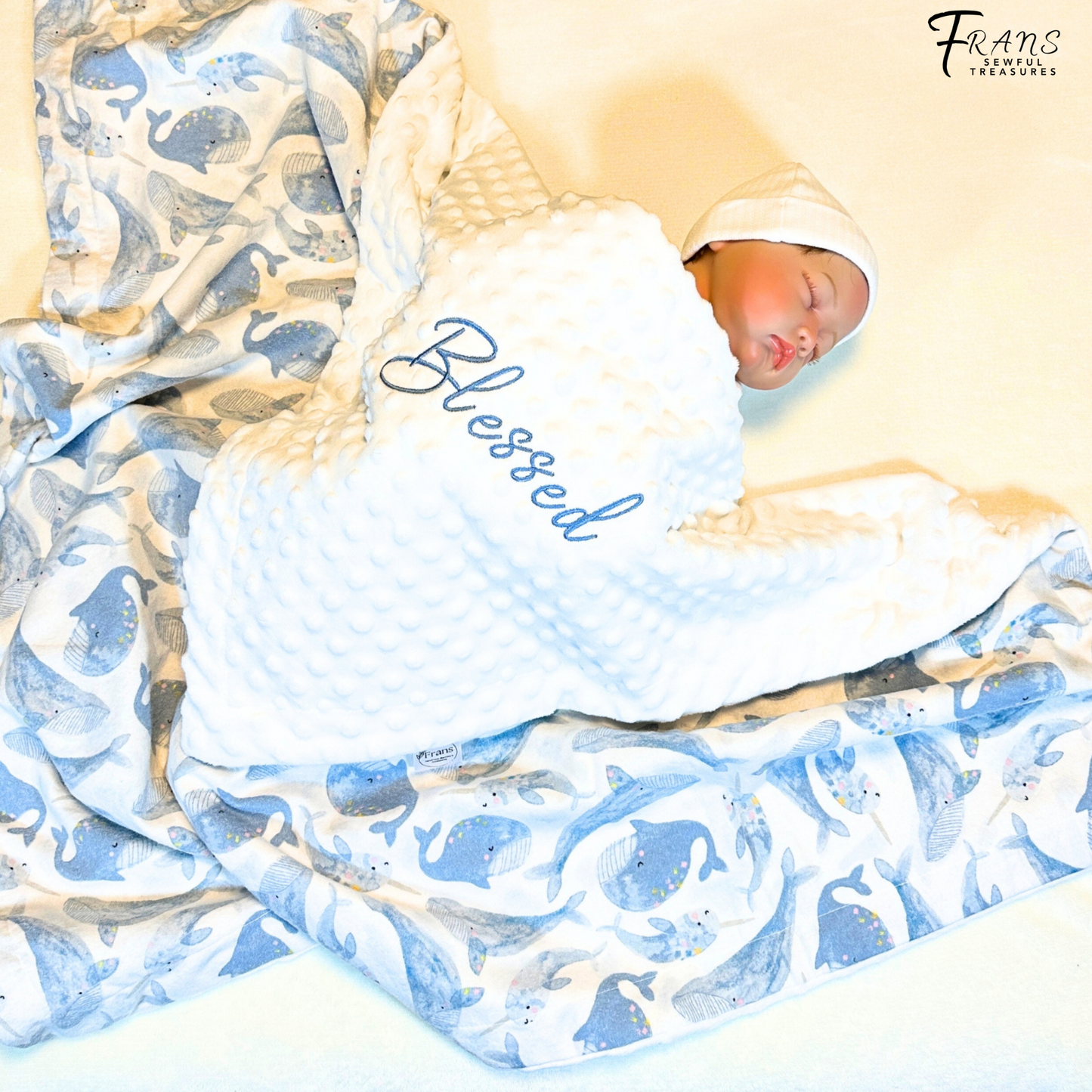 Luxury Whale-Themed Baby Blanket & Burp Cloth Gift Set, Stroller Blanket, Baby Gift Set