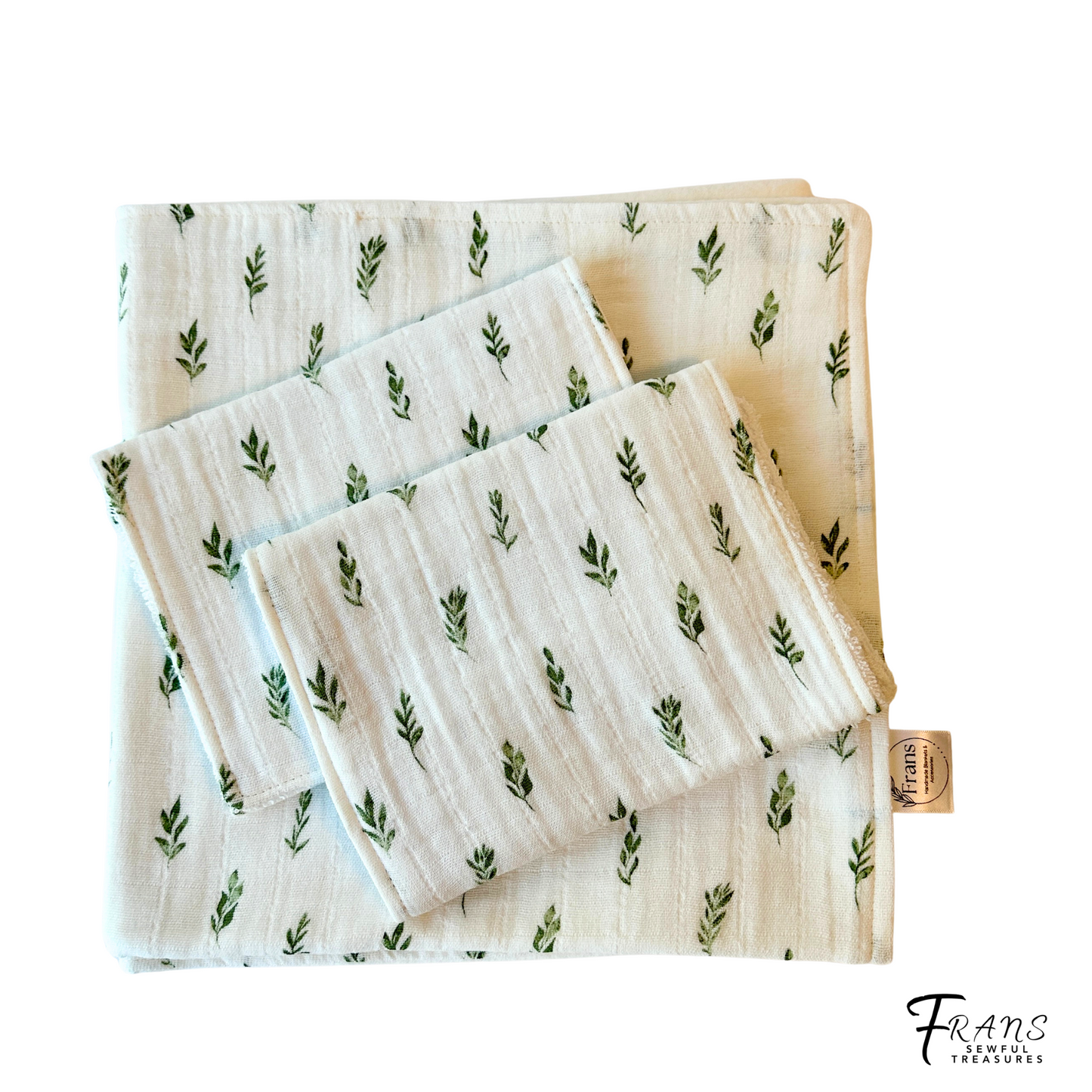 Botanical Bliss: Muslin & Flannel Baby Blanket with Two Matching Burp Cloths