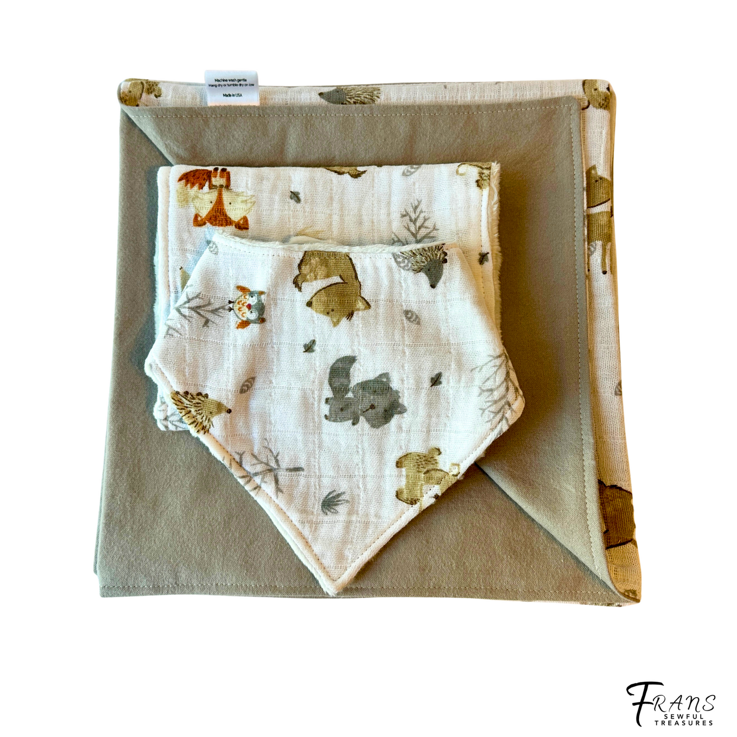 Whimsical Woodland Baby Blanket, Bib & Burp Cloth Set, Comfy Muslin and Flannel