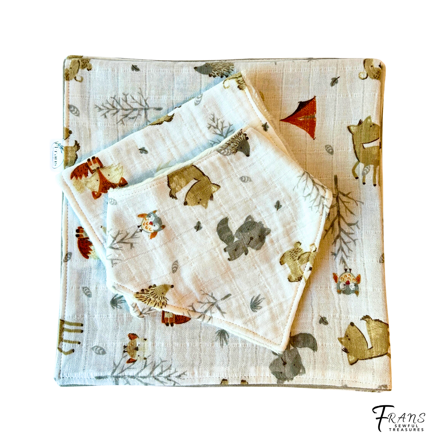Whimsical Woodland Baby Blanket, Bib & Burp Cloth Set, Comfy Muslin and Flannel