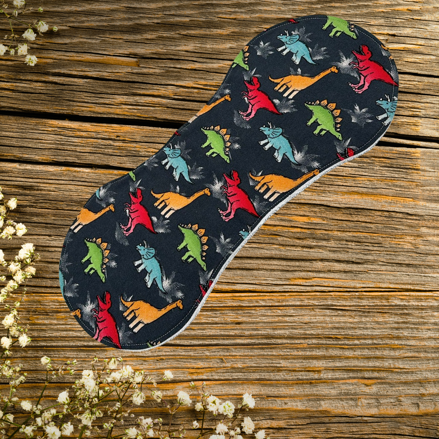 Playful Dinosaur Bib & Burp Cloth Set – Handmade 3-Piece Cotton Flannel Baby Gift, 2 Bibs + 1 Burp Cloth with Colorful Dino Print