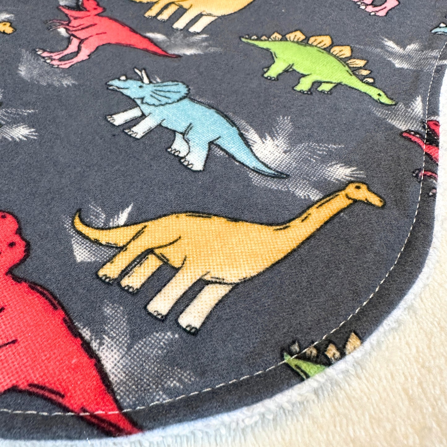 Playful Dinosaur Bib & Burp Cloth Set – Handmade 3-Piece Cotton Flannel Baby Gift, 2 Bibs + 1 Burp Cloth with Colorful Dino Print