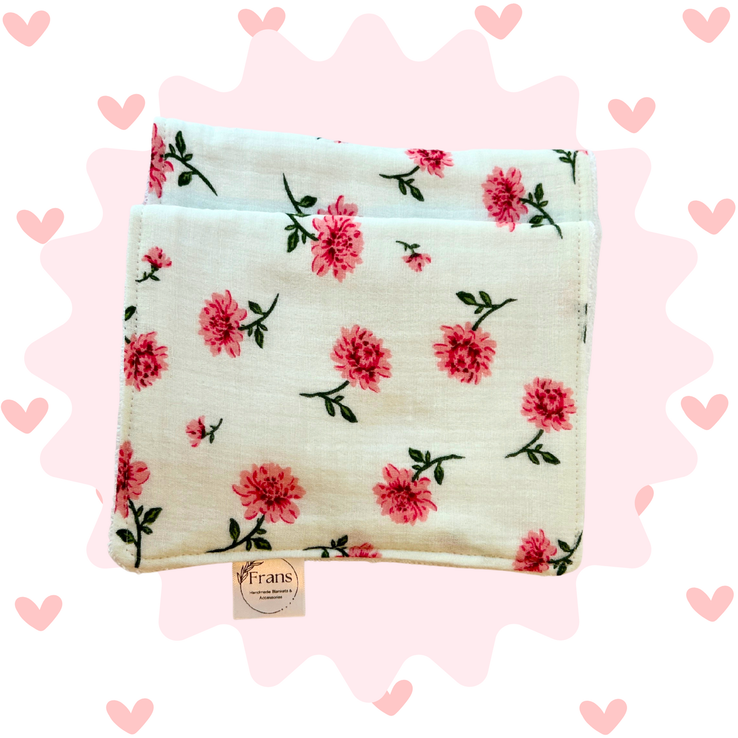 Pink Floral Muslin Burp Cloth Set – 2-Pack Handmade Baby Gift, Soft 7.5x17 Cloths with Absorbent White Terry Cloth Backing