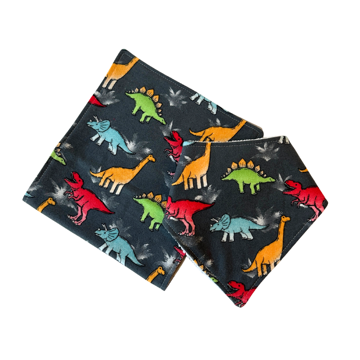 Dinosaur Bib & Burp Cloth Set – Handmade Baby Gift, Gray Cotton Flannel with Colorful Dinos, Terry & Flannel Backing, Absorbent