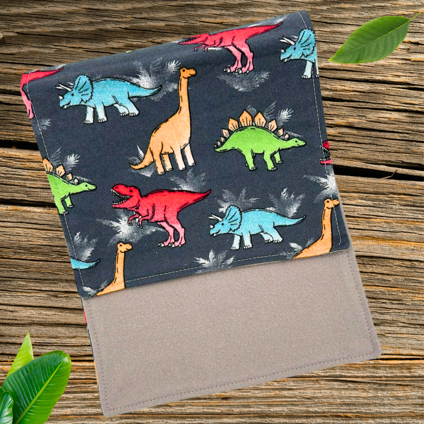 Dinosaur Bib & Burp Cloth Set – Handmade Baby Gift, Gray Cotton Flannel with Colorful Dinos, Terry & Flannel Backing, Absorbent