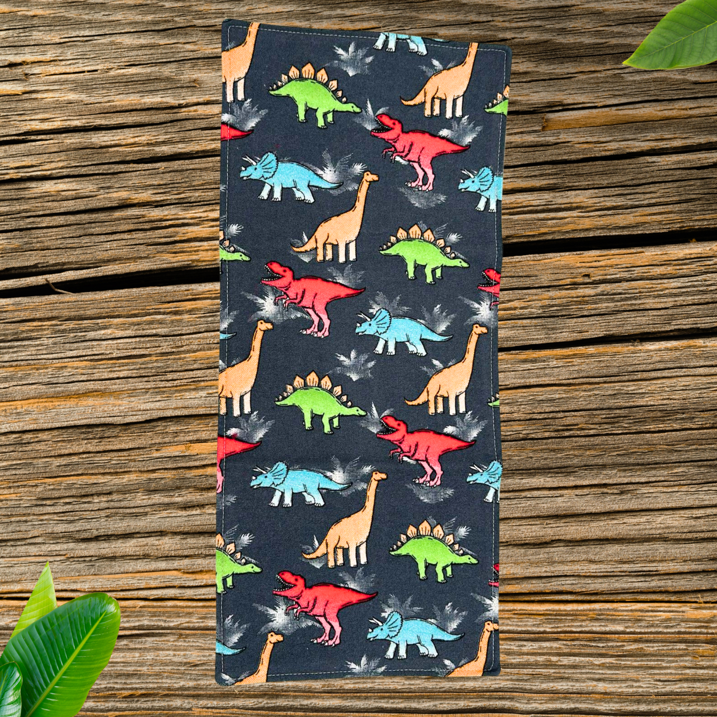 Dinosaur Bib & Burp Cloth Set – Handmade Baby Gift, Gray Cotton Flannel with Colorful Dinos, Terry & Flannel Backing, Absorbent