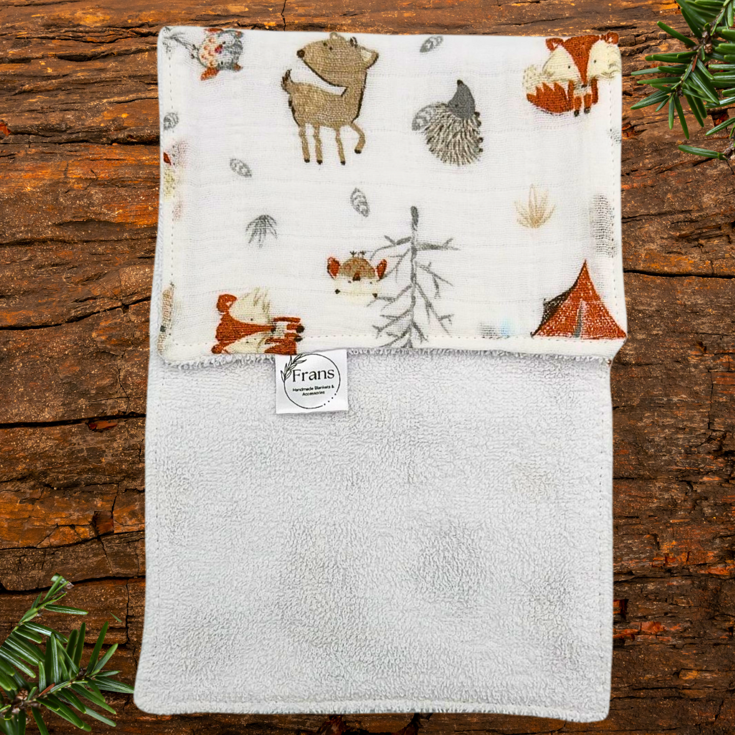Muslin Forest Animals Burp Cloth Set – Handmade 2-Pack with Soft Gray Flannel Backing, Absorbent 7.5x17 Baby Feeding Essentials
