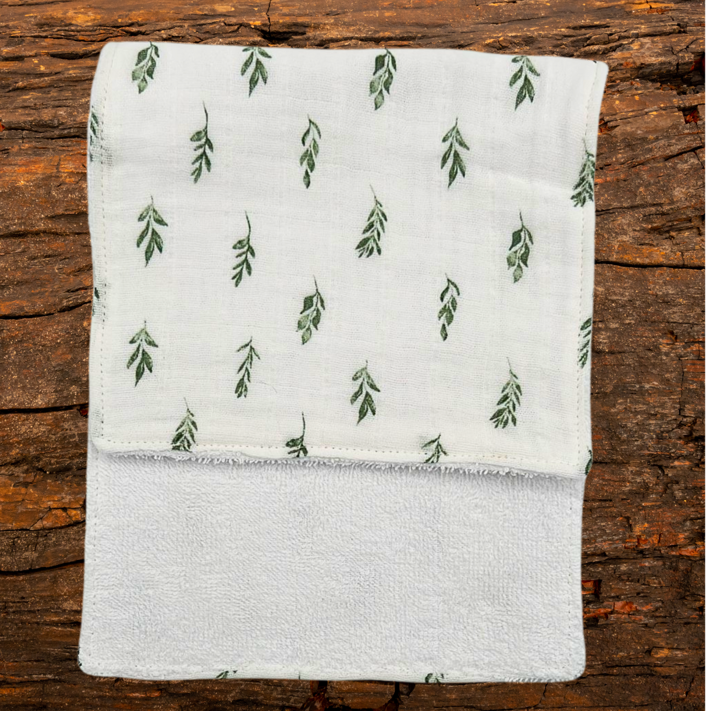 Green Leaf Muslin Burp Cloth Set – 3-Pack Handmade Baby Gift, Soft 7.5x17 Cloths with Absorbent White Terry Backing