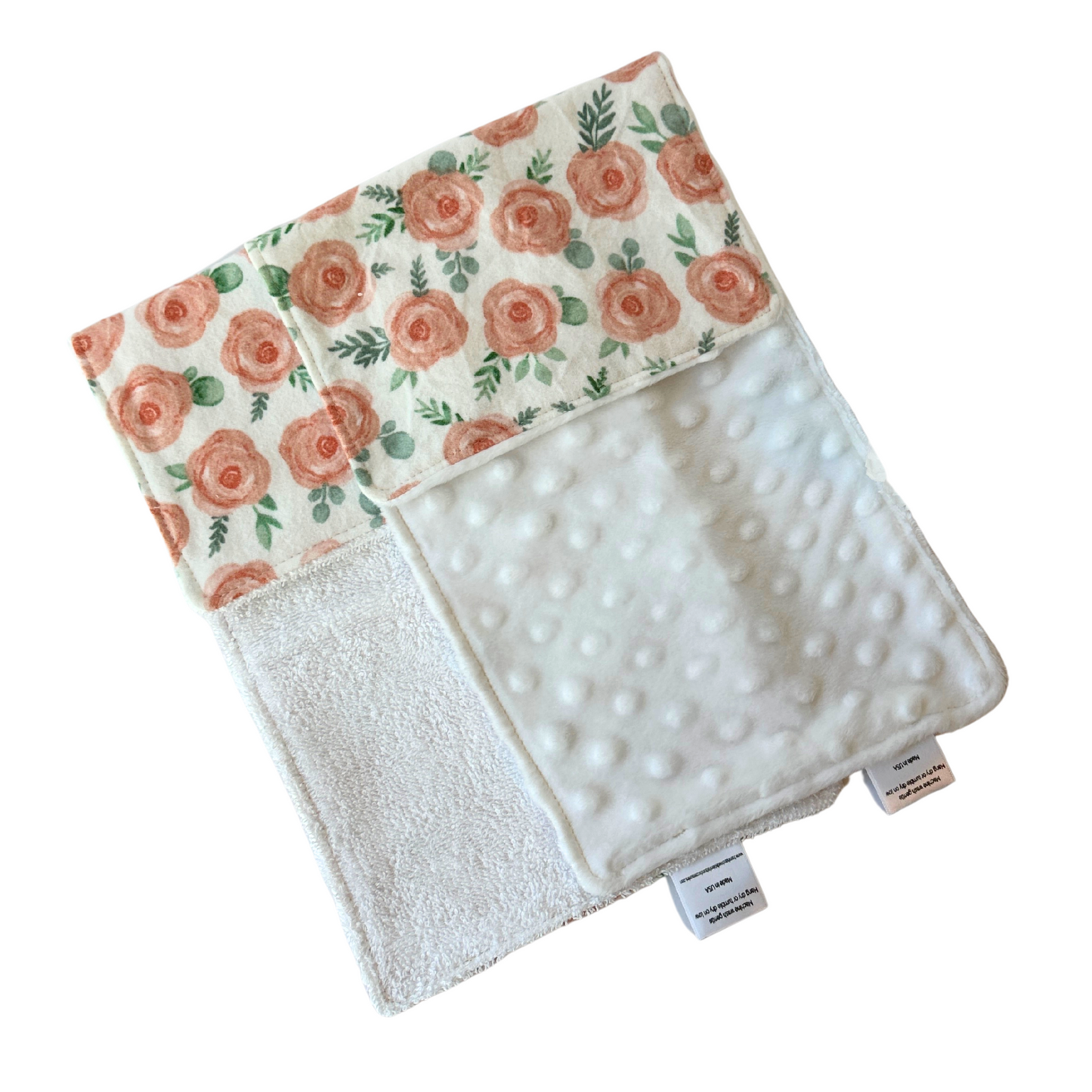 Peach Blossom Cotton Flannel Burp Cloth Set – 2-Pack with Terry Cloth & Minky Backing, Handmade Baby Shower Gift, Soft & Absorbent